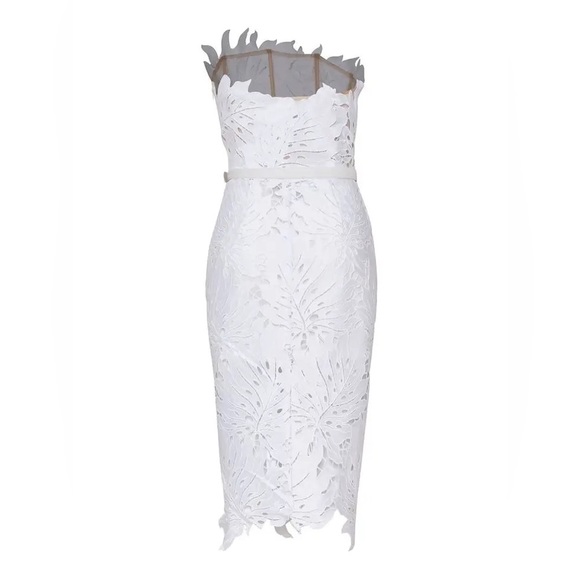 Sexy Whispy Lace Lined Bodycon Belted White MIDI Dress - Picture 7 of 8